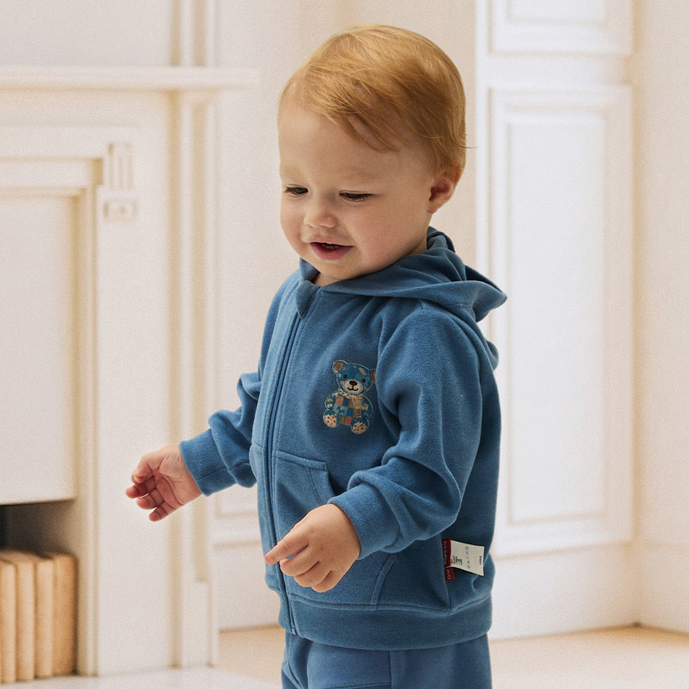 Anti-Pilling Fleece Texture + Patchwork Bear Design + Baby Hoodie Set