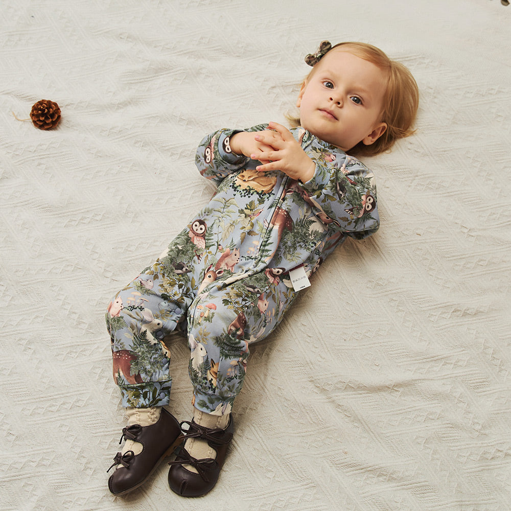 100% Long-Staple Cotton Baby Romper – Woodland Animal Print with YKK Zipper