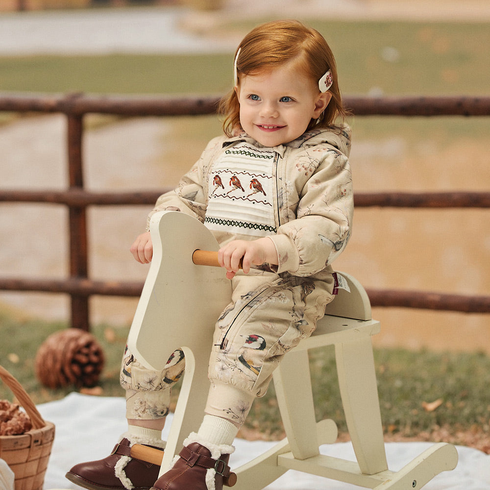 Baby Corduroy Bird Romper – 3-Layer “Sandwich” Thermal System | 160g Cotton Filling | Perfect for 5℃–15℃ Weather