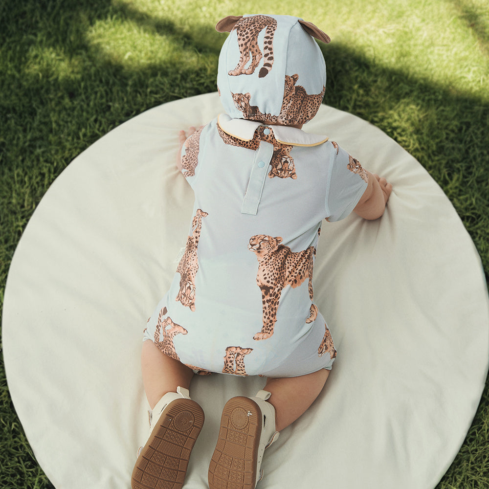 Peter Pan Collar eopard Embroidery Short Sleeve Romper in Blue (3mths-2yrs)