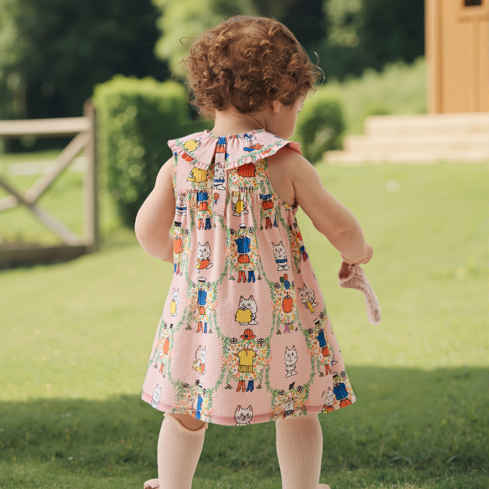 🐱 Kitty Playtime Baby Dress 🌸 Soft Cotton with Ruffle Collar | Baby Girl Summer Dress