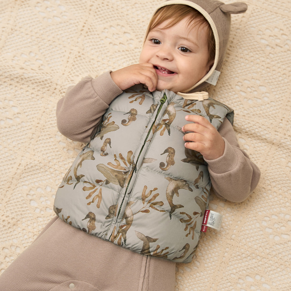 Lightweight Down Baby Vest with Woodland Print | Cozy Water-Repellent Gilet (0°C–10°C)