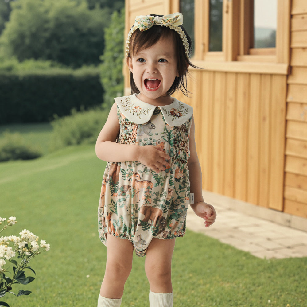 🍃 Forest Friends Smocked Romper | Soft Modal Magic