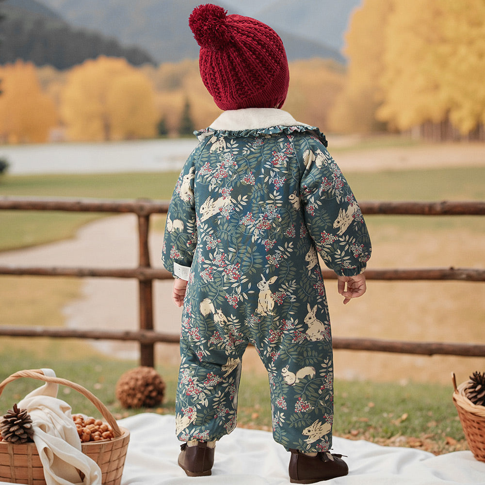 Baby Floral Puffer Romper – 3-Layer Thermal Cotton Jumpsuit for 5℃–15℃ Weather
