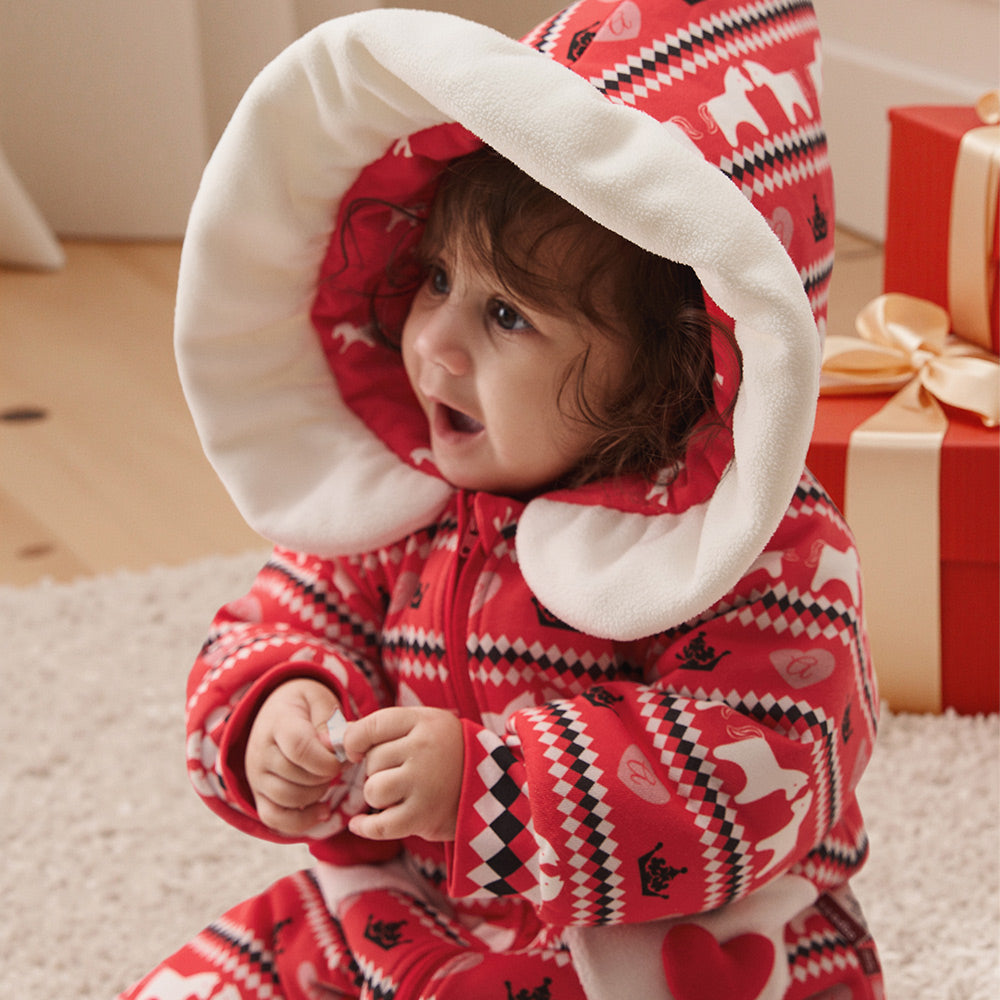 Nordic Fair Isle Baby Romper in Festive Red | Soft Padded One-Piece for Cool Weather (5°C–15°C)