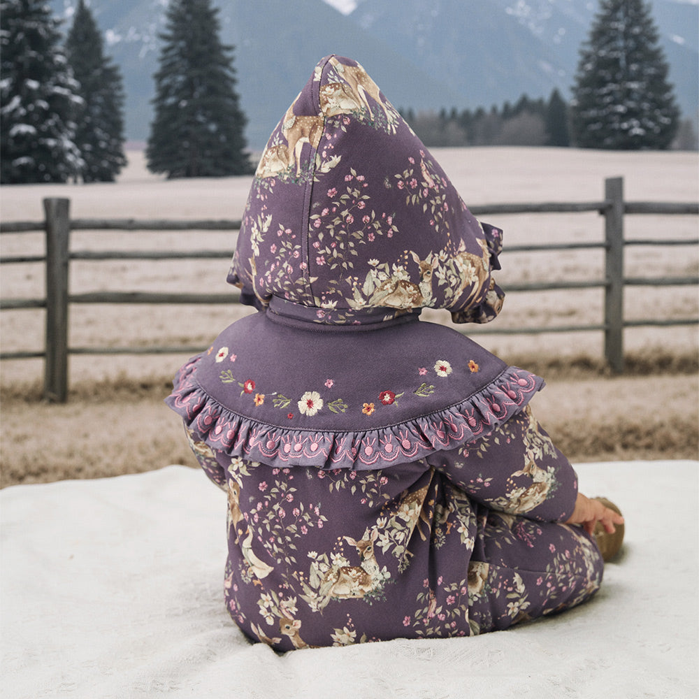 Floral Embroidered Cotton Baby Romper | Cozy Hooded One-Piece with Ruffle Cape (5°C–15°C)