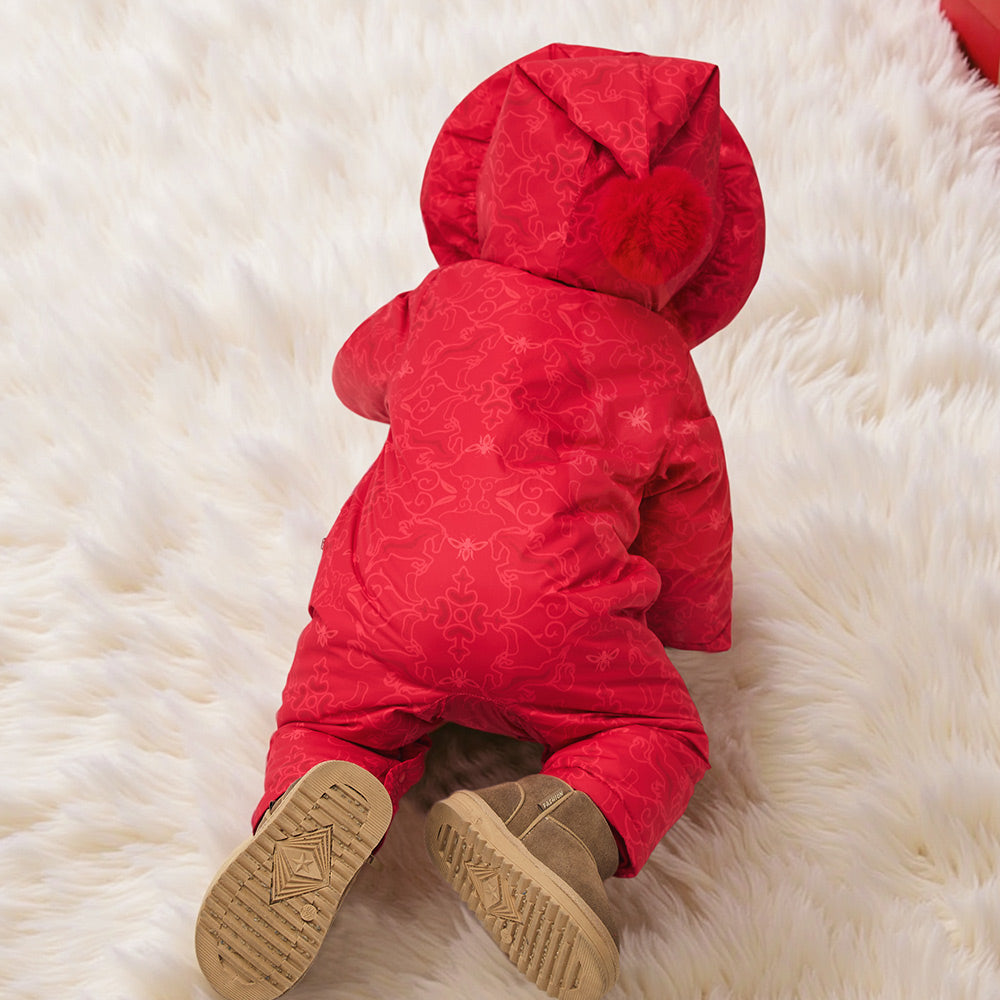 Water-Repellent Red Baby Jacket | Soft Padded Winter Coat with Festive Jacquard (5°C–15°C)