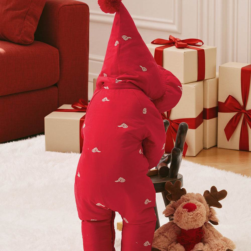 Soft Cotton Baby Romper in Festive Red | Cozy Fleece-Lined One-Piece for Cool Weather (0°C–15°C)