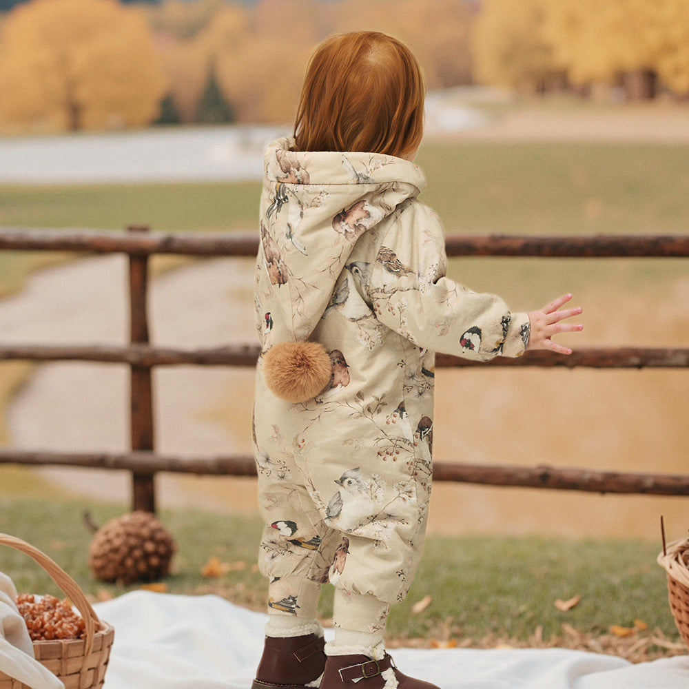 Baby Corduroy Bird Romper – 3-Layer “Sandwich” Thermal System | 160g Cotton Filling | Perfect for 5℃–15℃ Weather