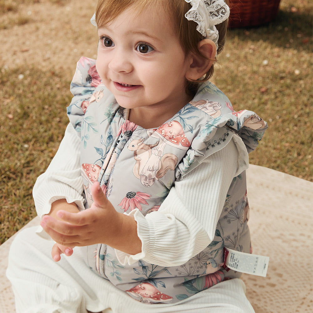 Lightweight Down Baby Vest with Floral Woodland Print | Cozy Layering Piece for Cool Weather (0°C–10°C)