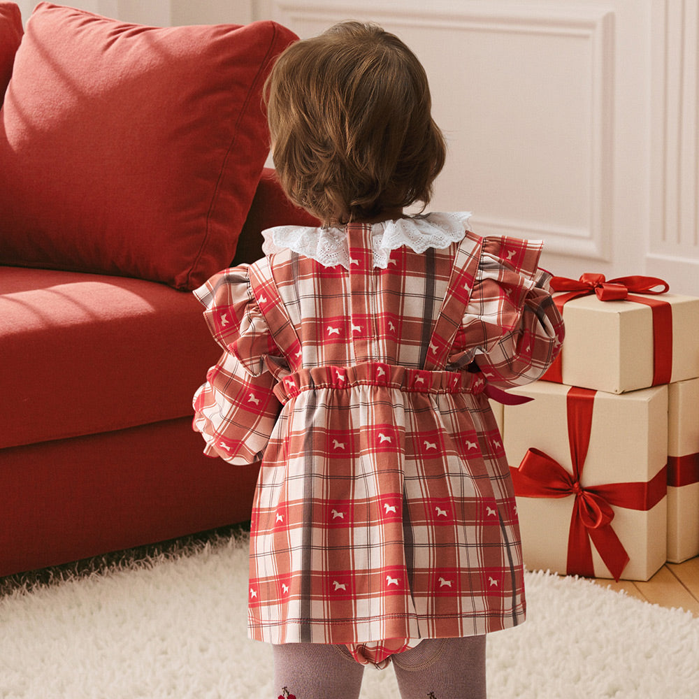 Organic Cotton Plaid Baby Romper Dress | Soft One-Piece with Lace Collar & Built-In Bodysuit