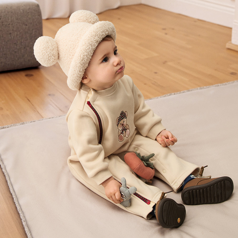 Embroidered Teddy Bear + Cozy Fleece Lining + Baby Romper