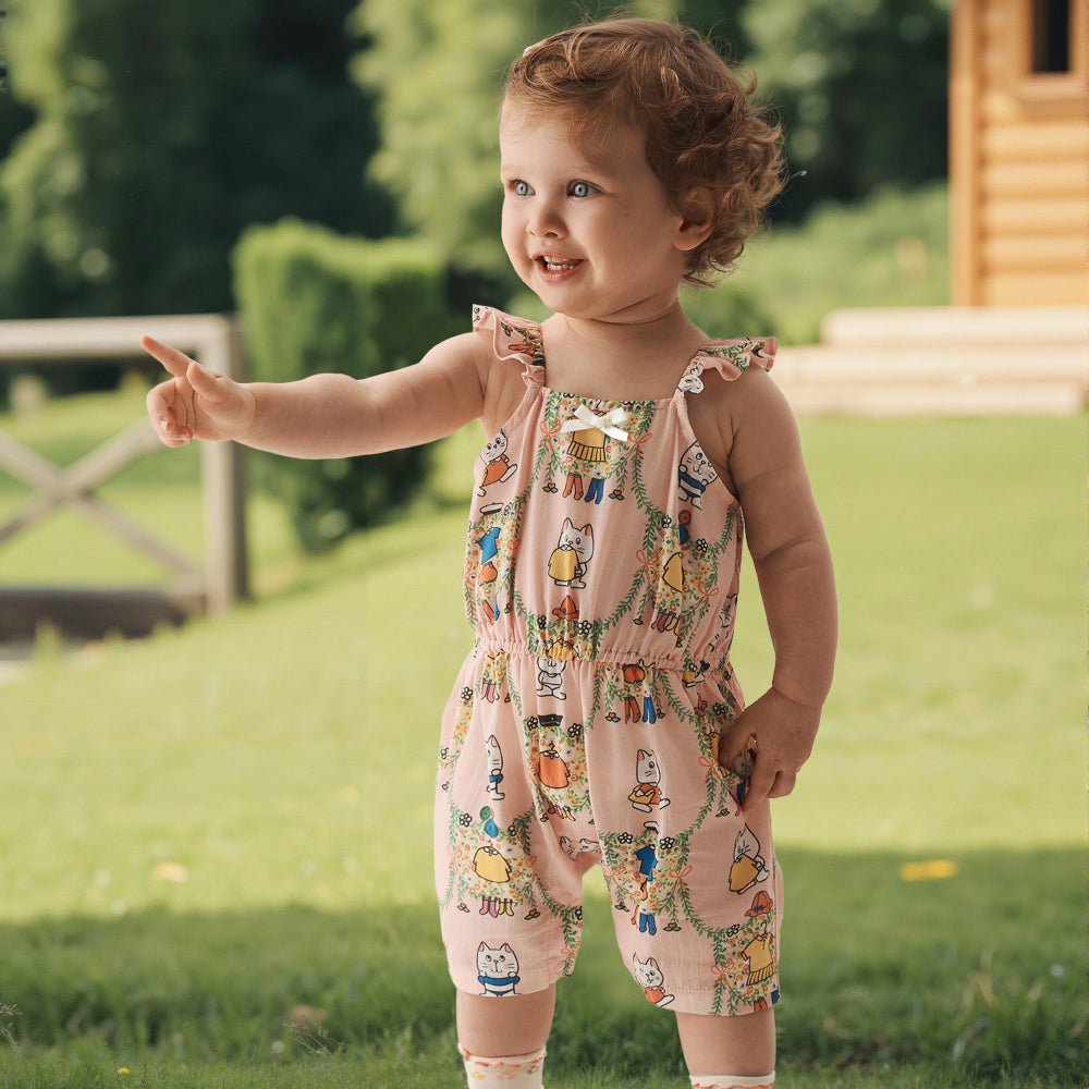 🐱 Kitty Garden Baby Romper – Soft Cotton with Ruffle Straps | Cute Baby Girl Jumpsuit 🌸