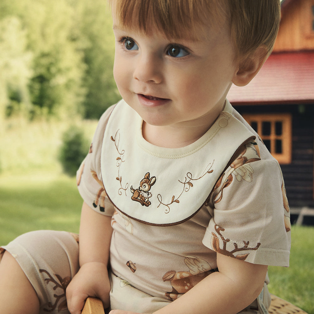 Bib Collar Deer Embroidery Short Sleeve Romper  (3mths-2yrs)