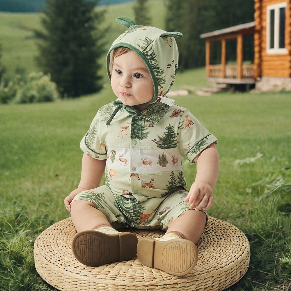 Collar Deer Embroidery Short Sleeve romper in Green