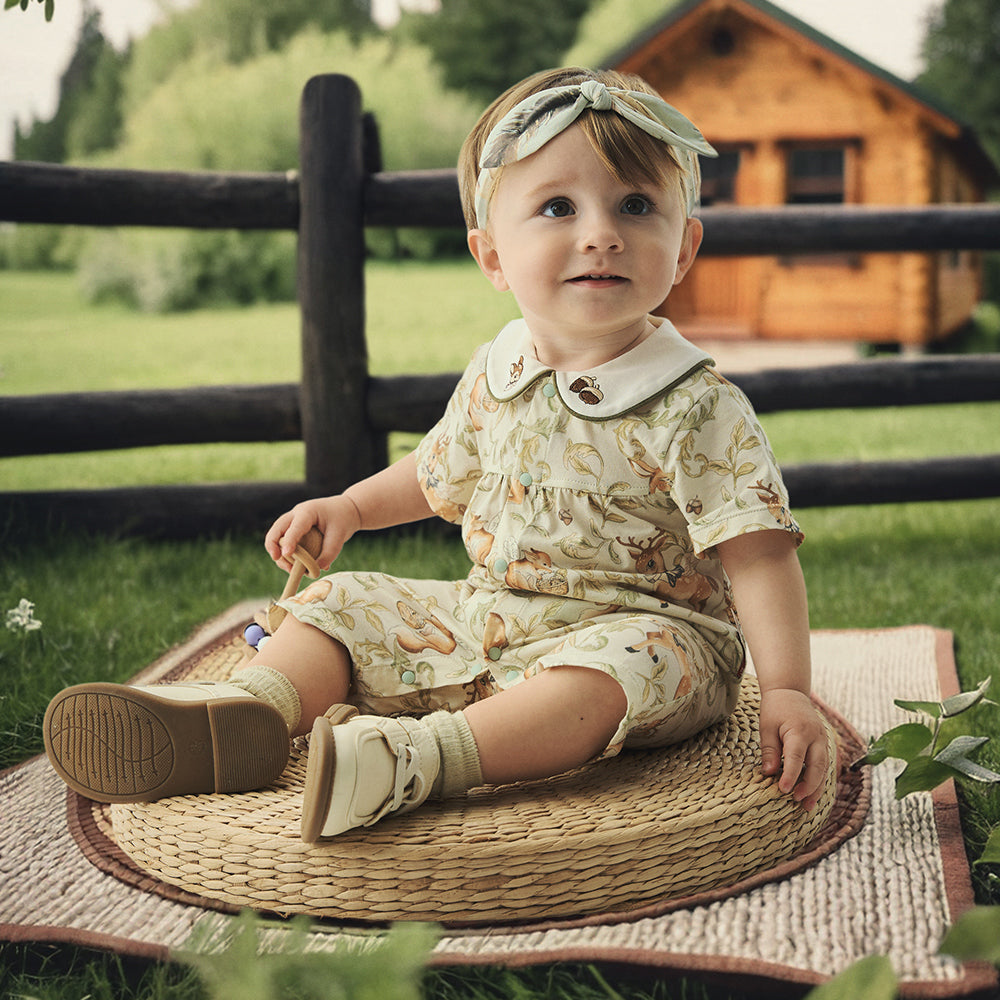 Peter Pan Collar Deer Embroidery Short Sleeve Romper (3mths-2yrs)