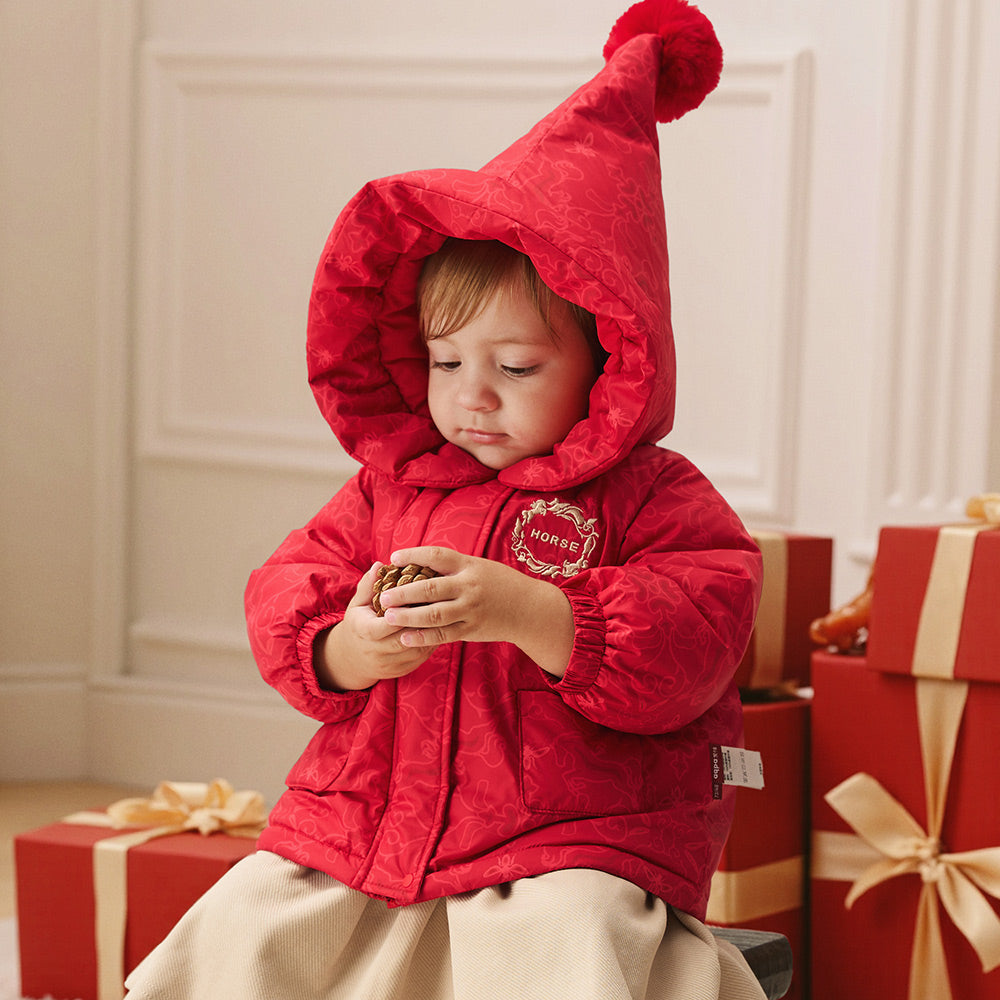 Water-Repellent Cotton Baby Jacket in Festive Red | Cozy Lightweight Coat for Cool Weather (5°C–15°C)