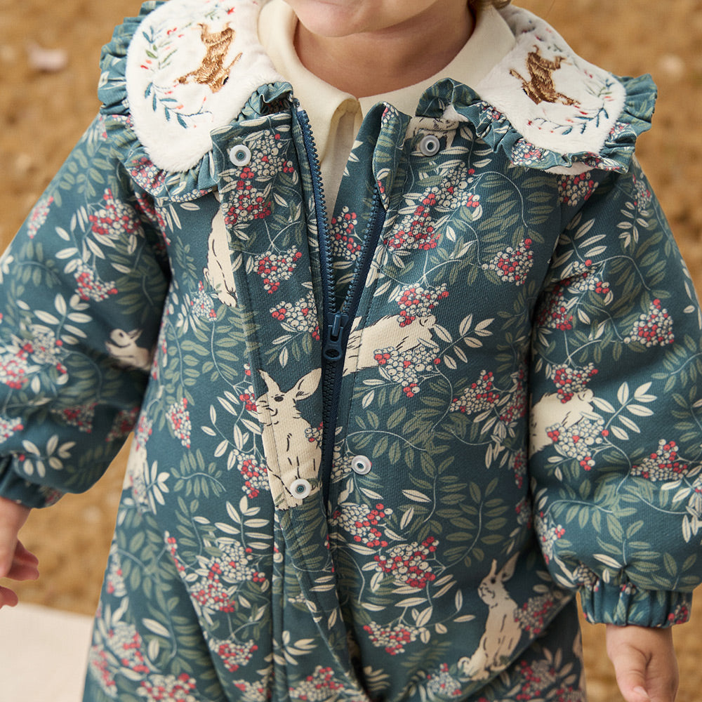 Baby Floral Puffer Romper – 3-Layer Thermal Cotton Jumpsuit for 5℃–15℃ Weather