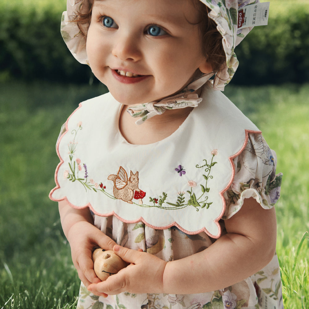 Cottage Garden Cotton Baby Dress with Embroidered Bib