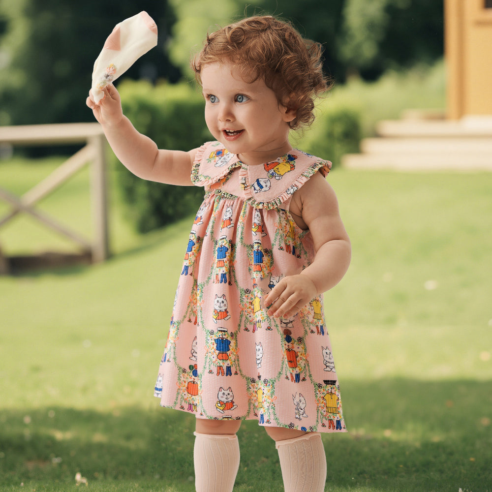 🐱 Kitty Playtime Baby Dress 🌸 Soft Cotton with Ruffle Collar | Baby Girl Summer Dress