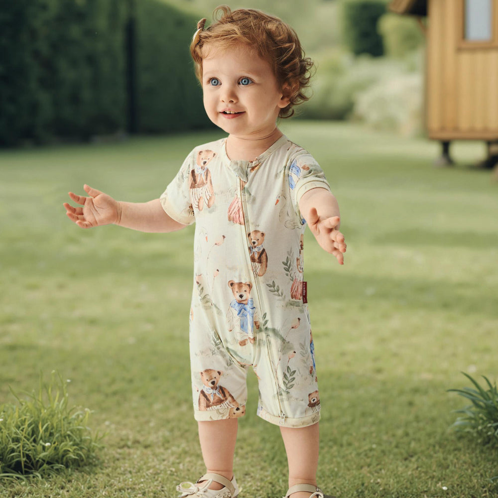 🌸 Soft Cotton Blend Baby Zip-Up Romper | Cute Teddy Bear Print | Breathable & Comfortable 🌿