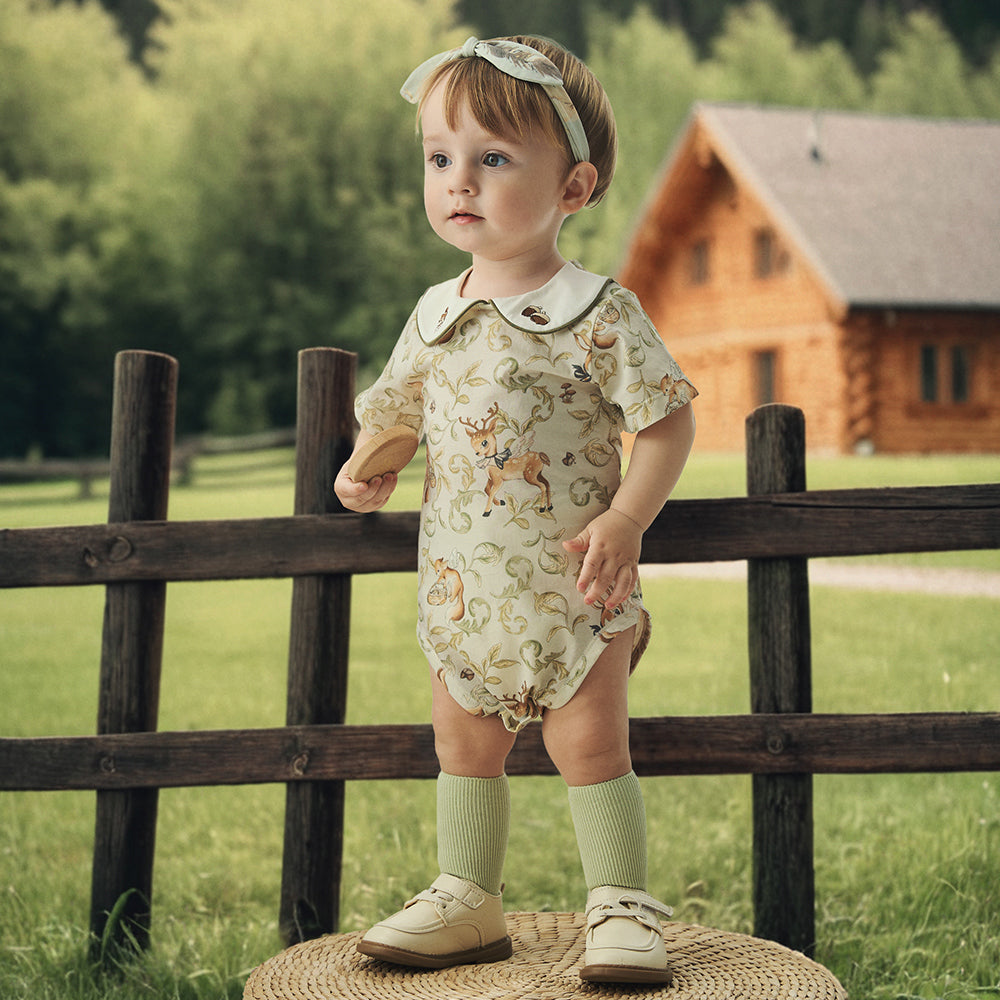 Peter Pan Collar Deer Embroidery Short Sleeve Bodysuit