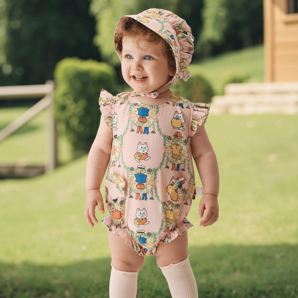 🐱 Kitty Fun Baby Onesie – Soft Cotton with Ruffle Sleeves | Cute Baby Girl Bodysuit 🌸