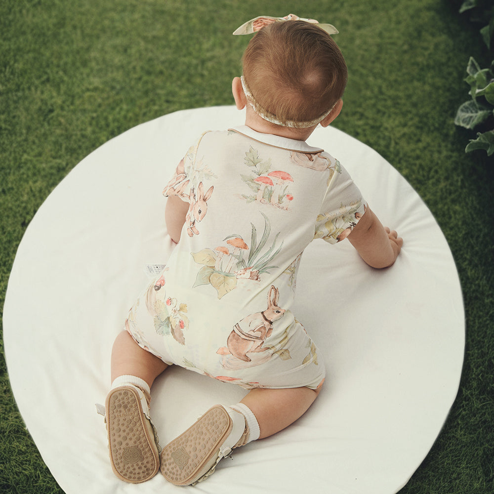 Cotton Baby Romper for 1-Year-Old – Soft Woodland Animal One-Piece with Peter Pan Collar | Summer Short Sleeve Outfit for Boys and Girls