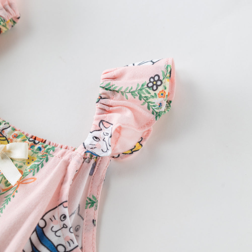 🐱 Kitty Garden Baby Romper – Soft Cotton with Ruffle Straps | Cute Baby Girl Jumpsuit 🌸