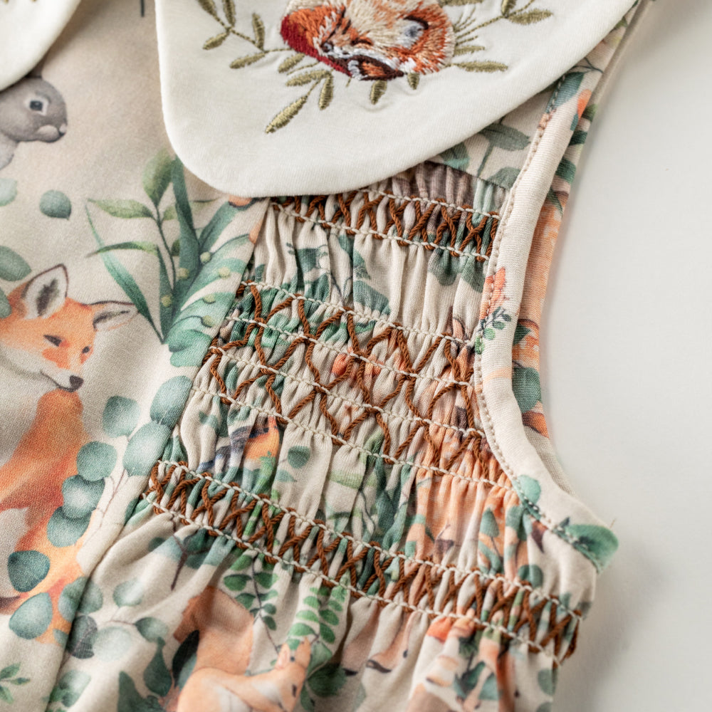 🍃 Forest Friends Smocked Romper | Soft Modal Magic