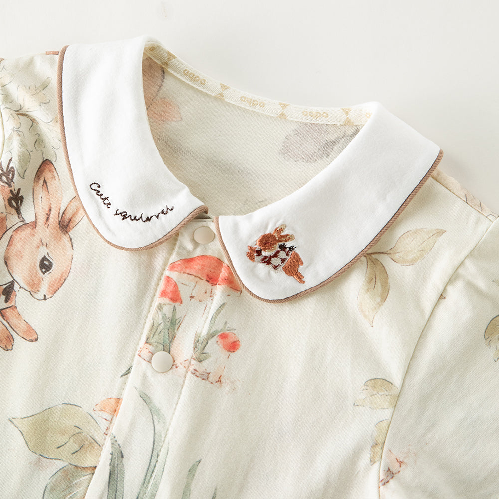 Cotton Baby Romper for 1-Year-Old – Soft Woodland Animal One-Piece with Peter Pan Collar | Summer Short Sleeve Outfit for Boys and Girls