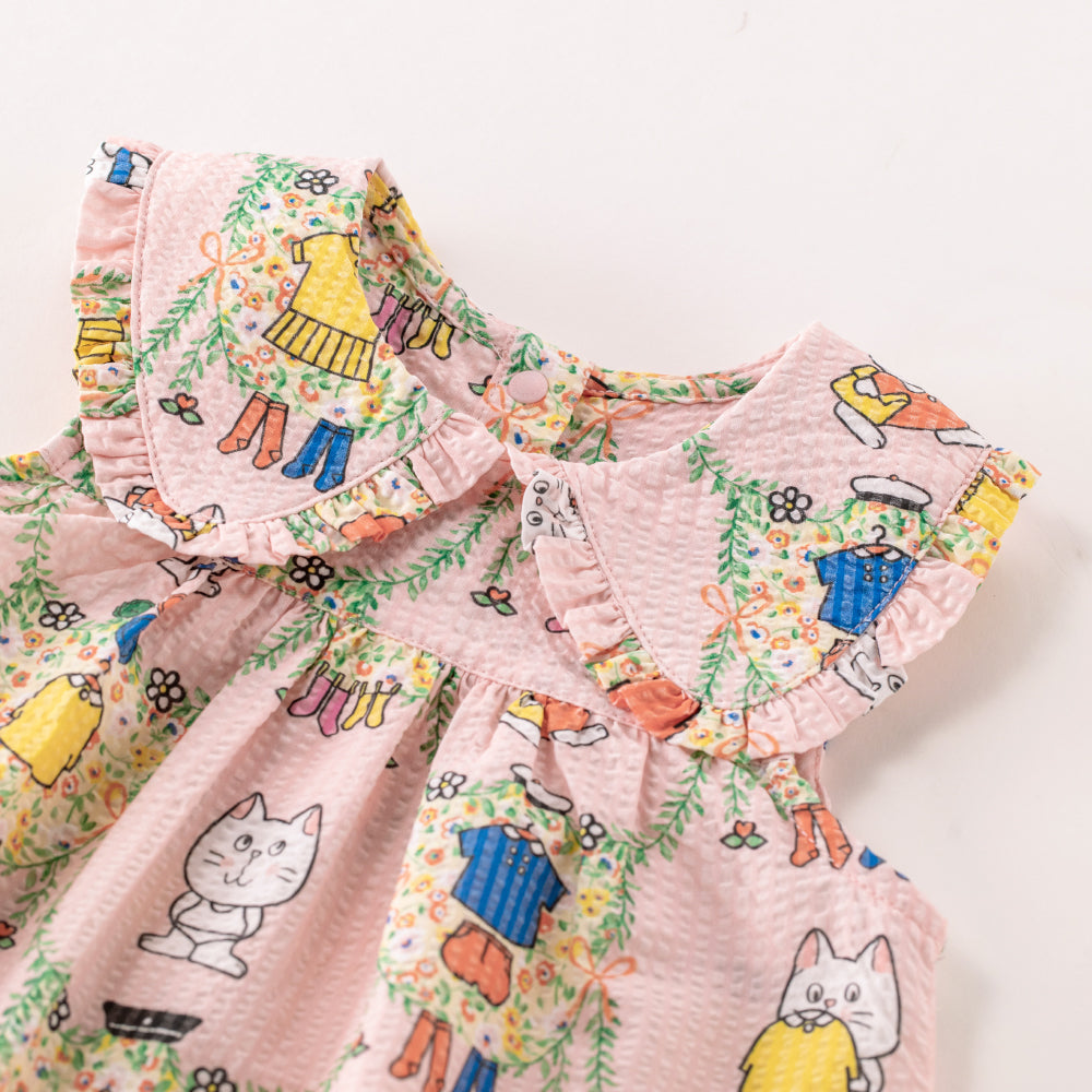 🐱 Kitty Playtime Baby Dress 🌸 Soft Cotton with Ruffle Collar | Baby Girl Summer Dress