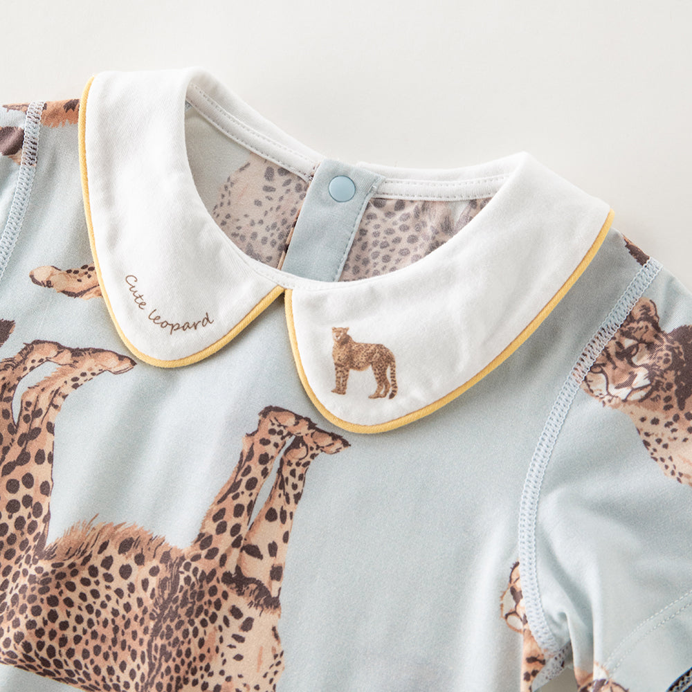 Peter Pan Collar eopard Embroidery Short Sleeve Romper in Blue (3mths-2yrs)