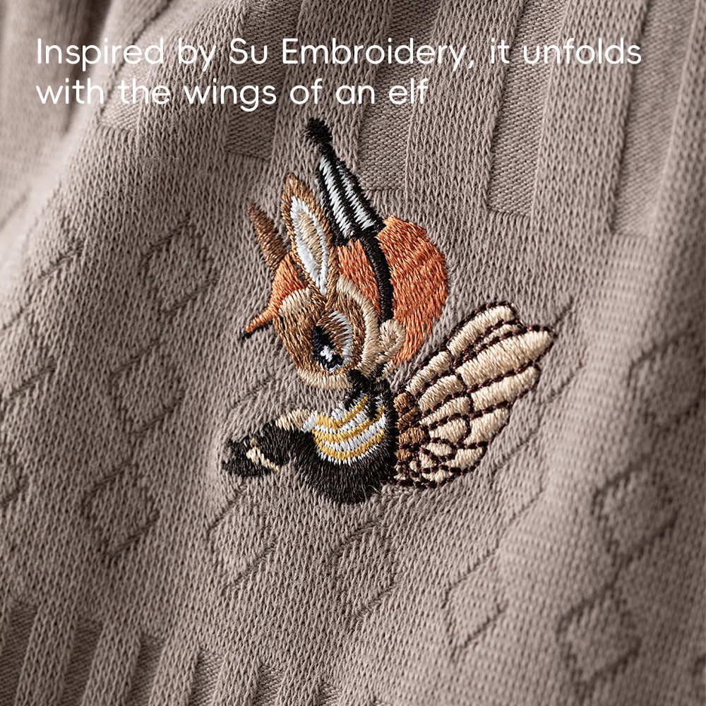 Knit Texture + Embroidered Patch + Two-Way Zipper Baby Romper