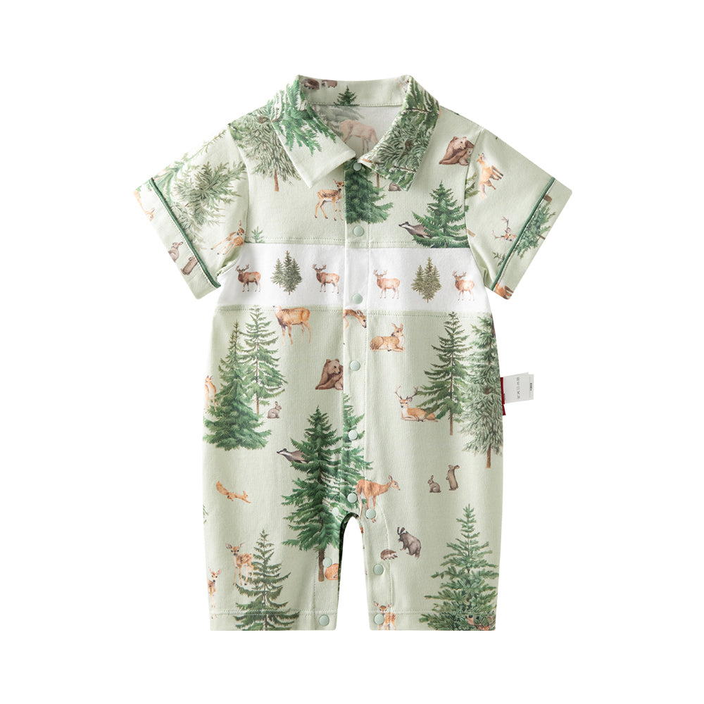 Collar Deer Embroidery Short Sleeve romper in Green