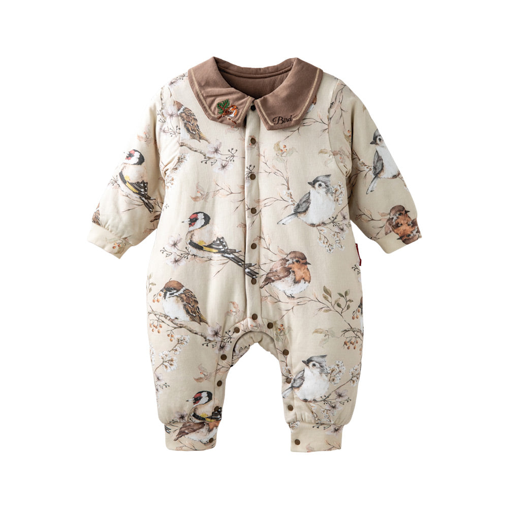 Sandwich-Layer Cotton + Bird Embroidery Collar + Baby Winter Romper