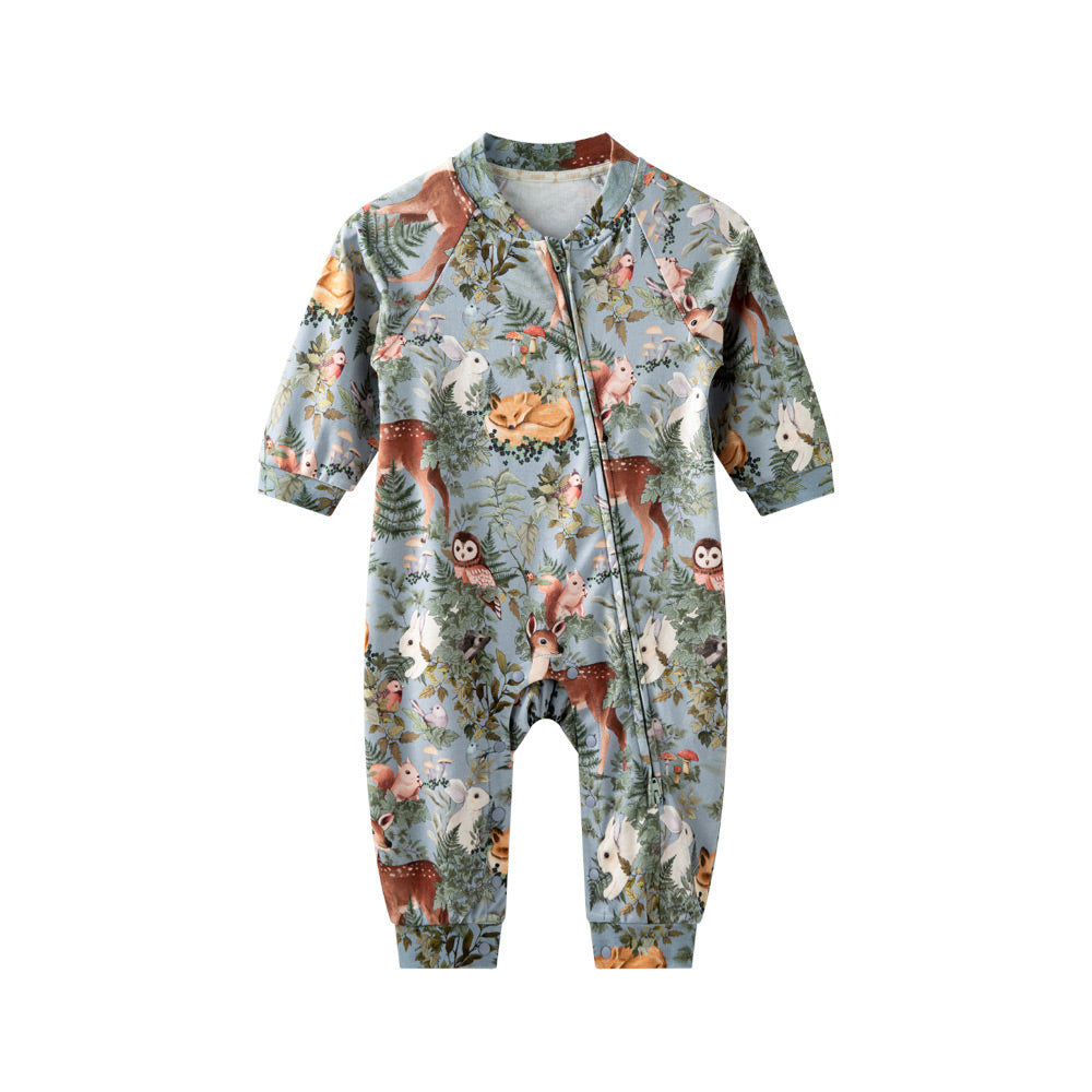 100% Long-Staple Cotton Baby Romper – Woodland Animal Print with YKK Zipper