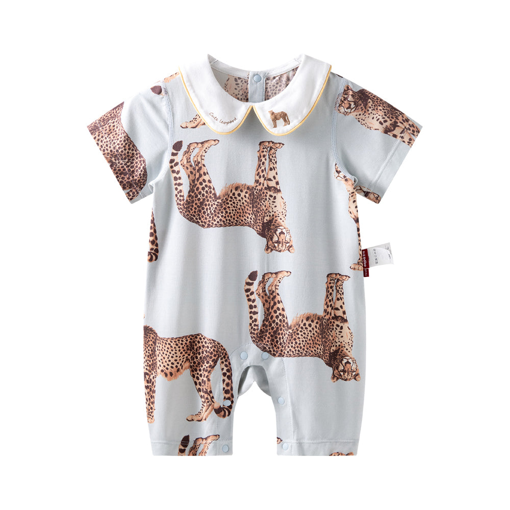 Peter Pan Collar eopard Embroidery Short Sleeve Romper in Blue (3mths-2yrs)