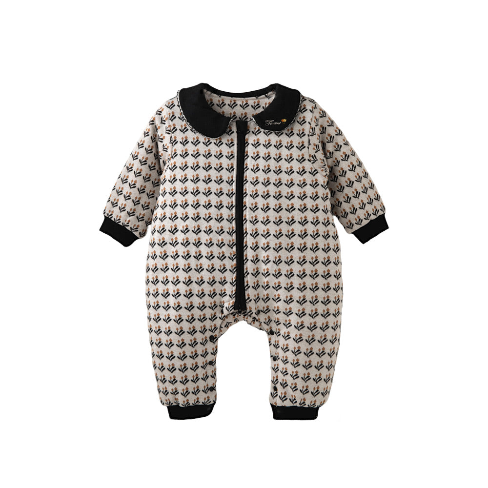 French Jacquard Knit Baby Romper | Soft Padded One-Piece with Contrast Collar (5°C–15°C)