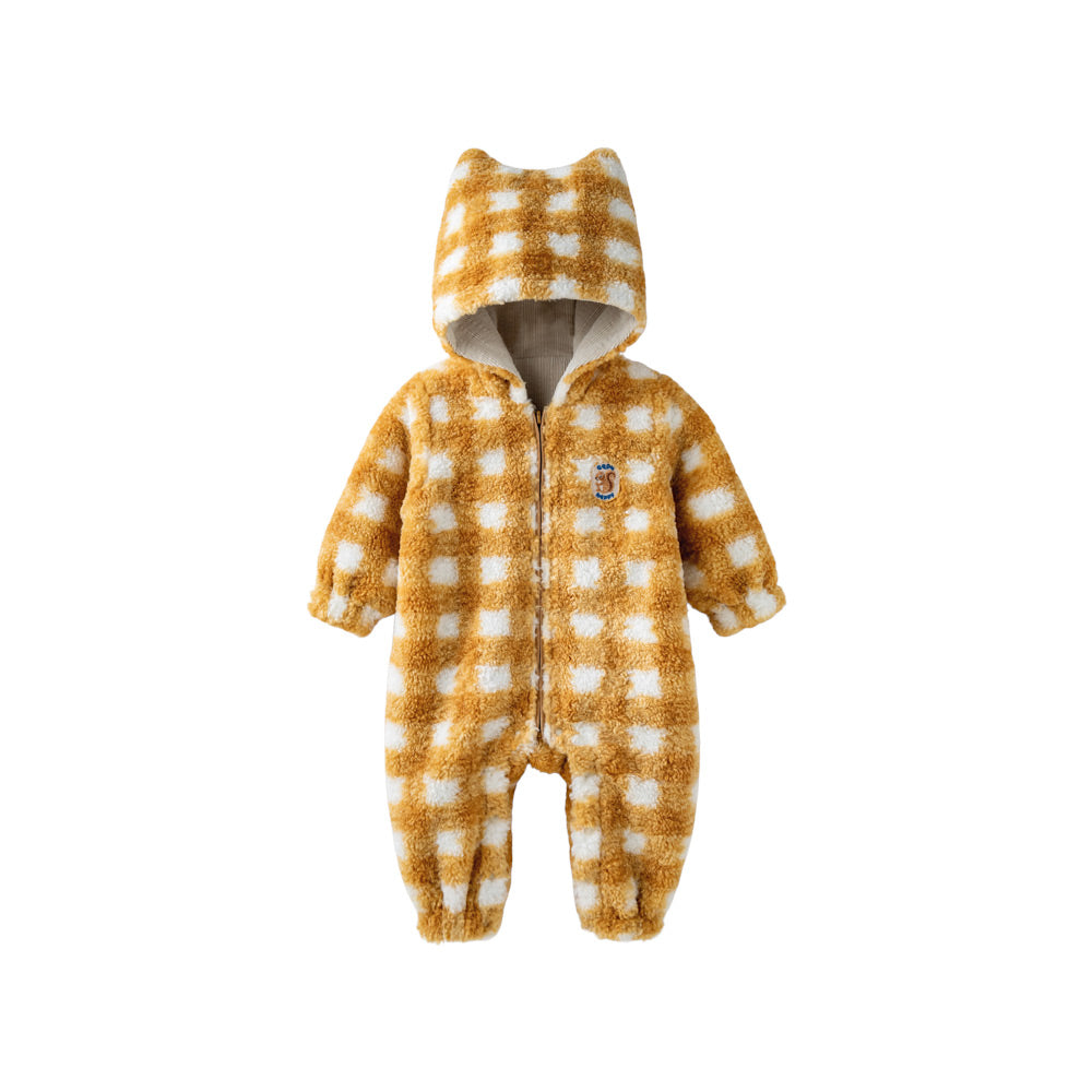 Soft Fleece Baby Romper with Checkered Design | Cozy Hooded One-Piece for Cool Weather (5°C–15°C)