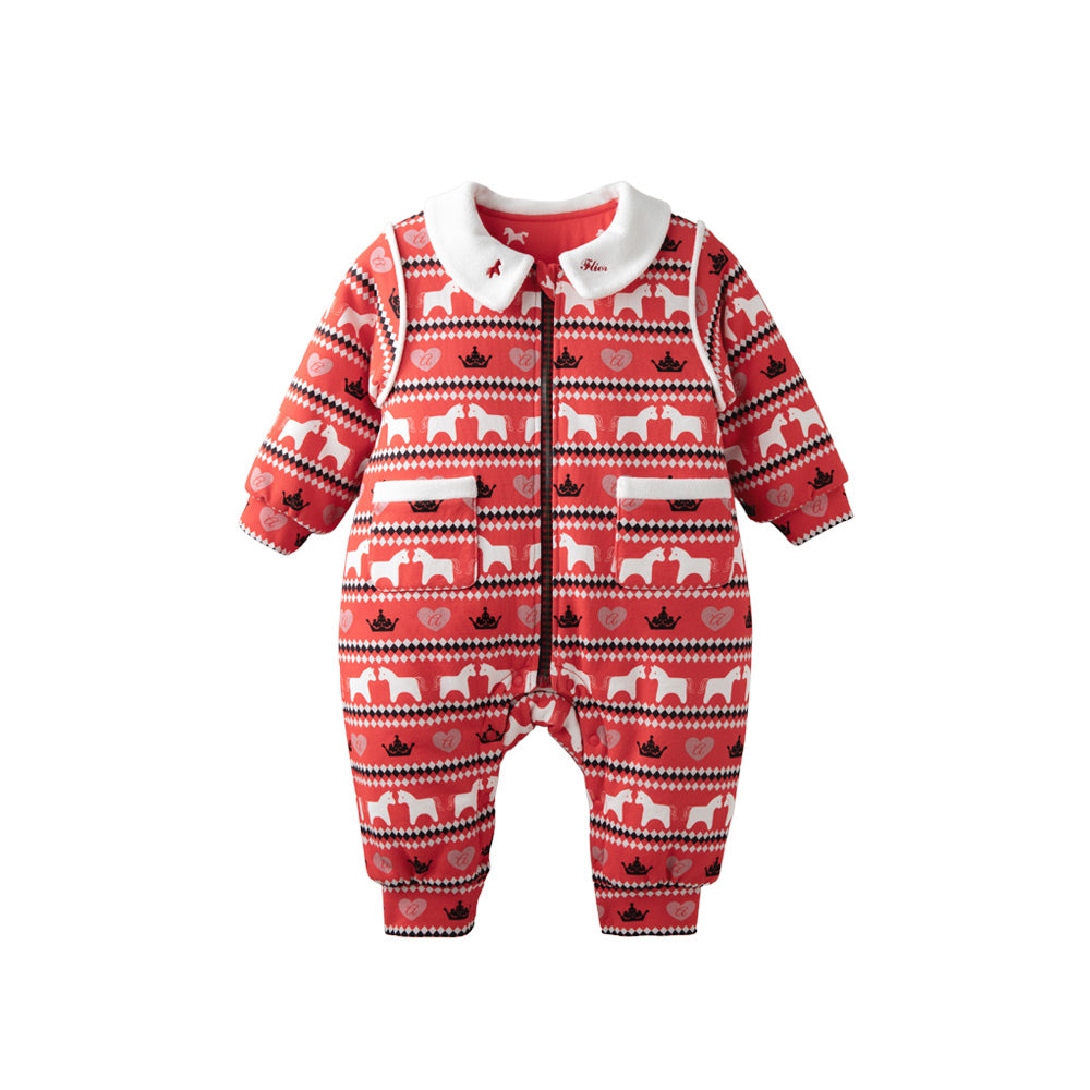 Nordic Fair Isle Baby Romper in Festive Red | Soft Padded One-Piece for Cool Weather (5°C–15°C)