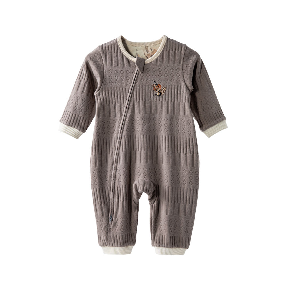 Knit Texture + Embroidered Patch + Two-Way Zipper Baby Romper