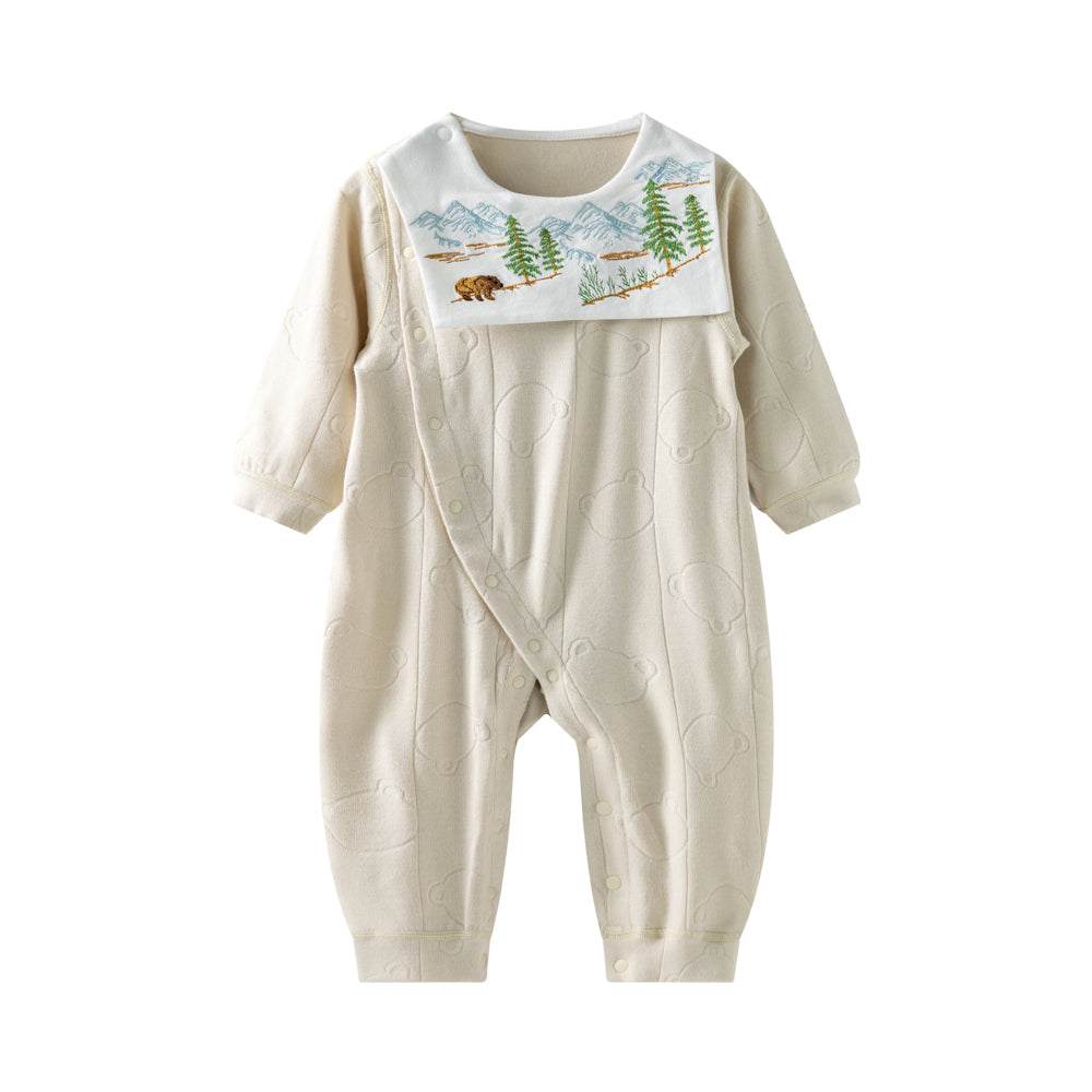 Bear Embroidered Bib Long Sleeve Romper