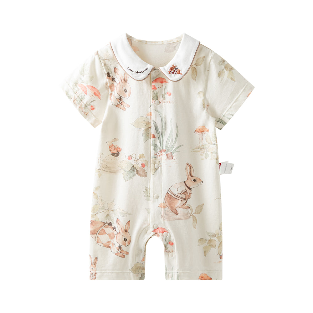 Cotton Baby Romper for 1-Year-Old – Soft Woodland Animal One-Piece with Peter Pan Collar | Summer Short Sleeve Outfit for Boys and Girls