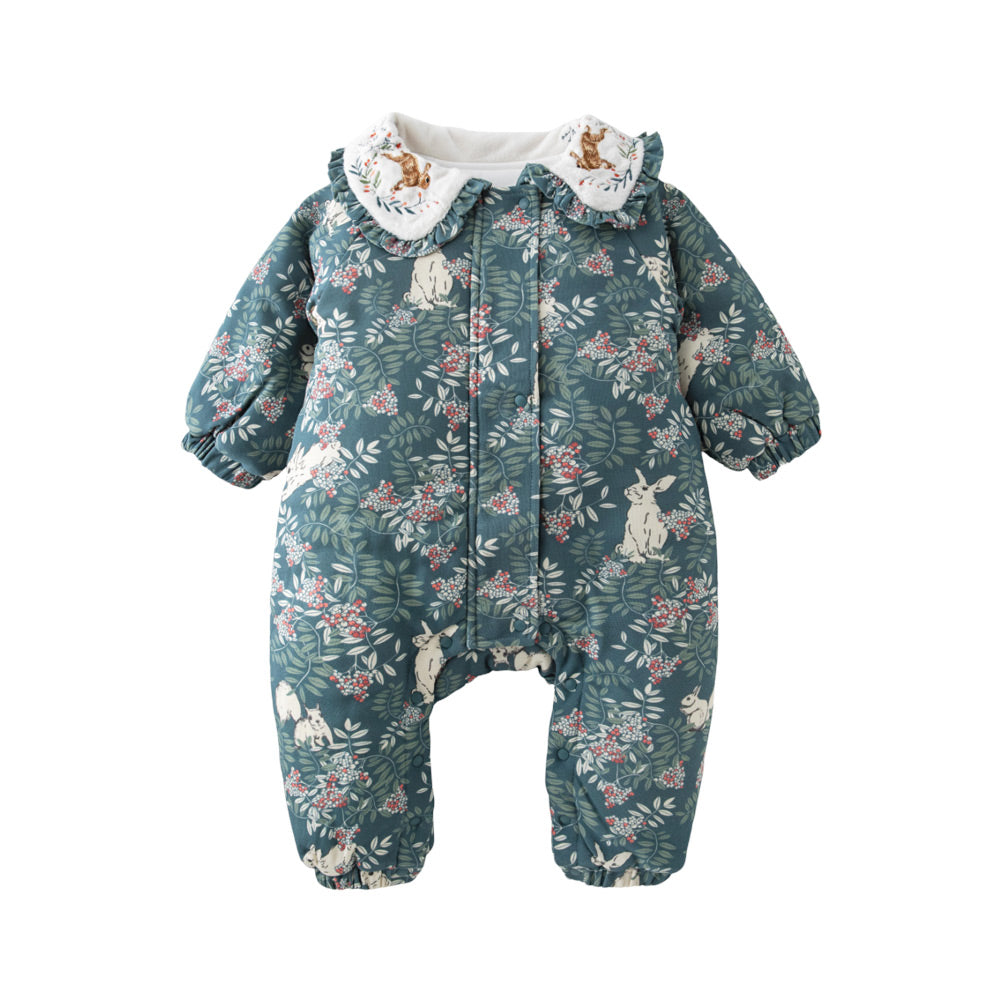 Baby Floral Puffer Romper – 3-Layer Thermal Cotton Jumpsuit for 5℃–15℃ Weather
