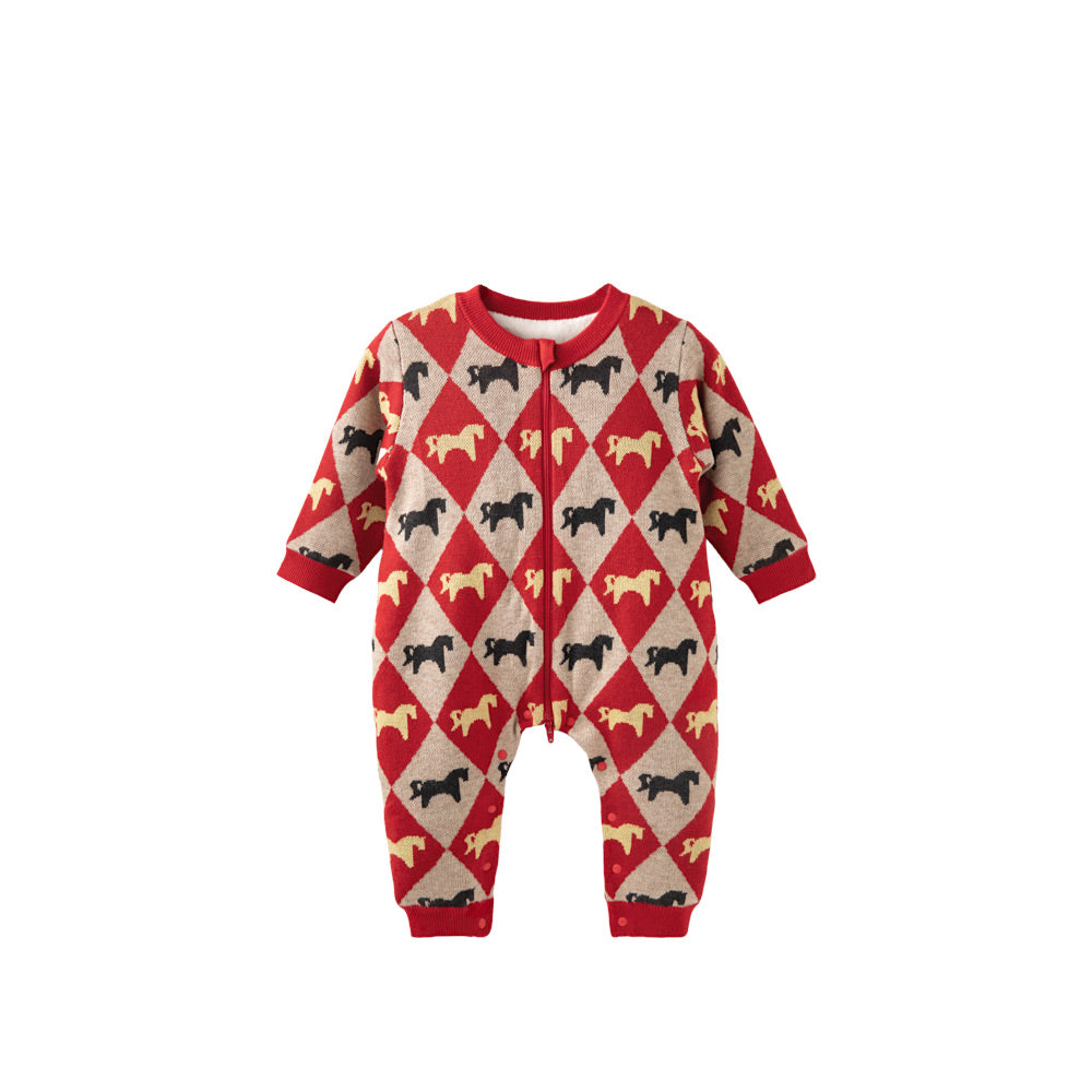 Fair Isle Knit-Look Baby Romper with Fleece Lining | Cozy Holiday One-Piece (10°C–20°C)