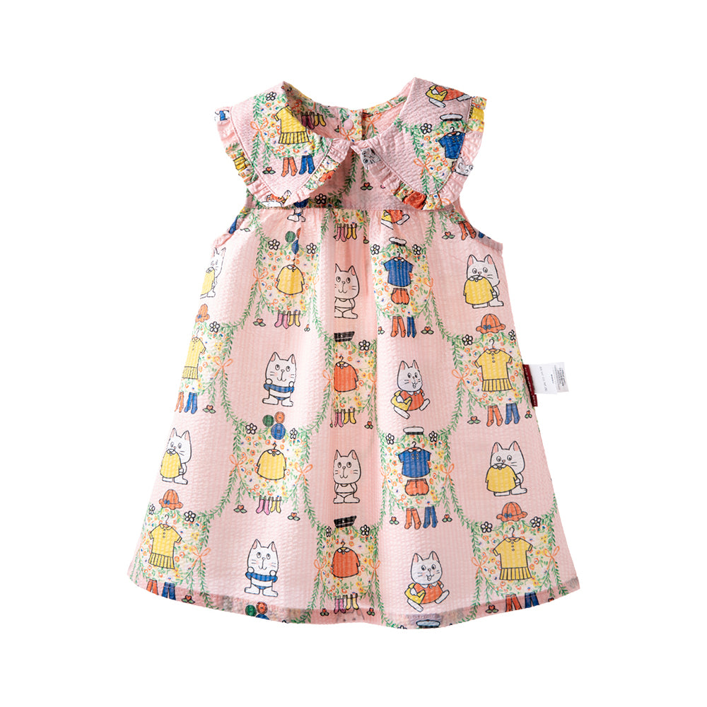 🐱 Kitty Playtime Baby Dress 🌸 Soft Cotton with Ruffle Collar | Baby Girl Summer Dress