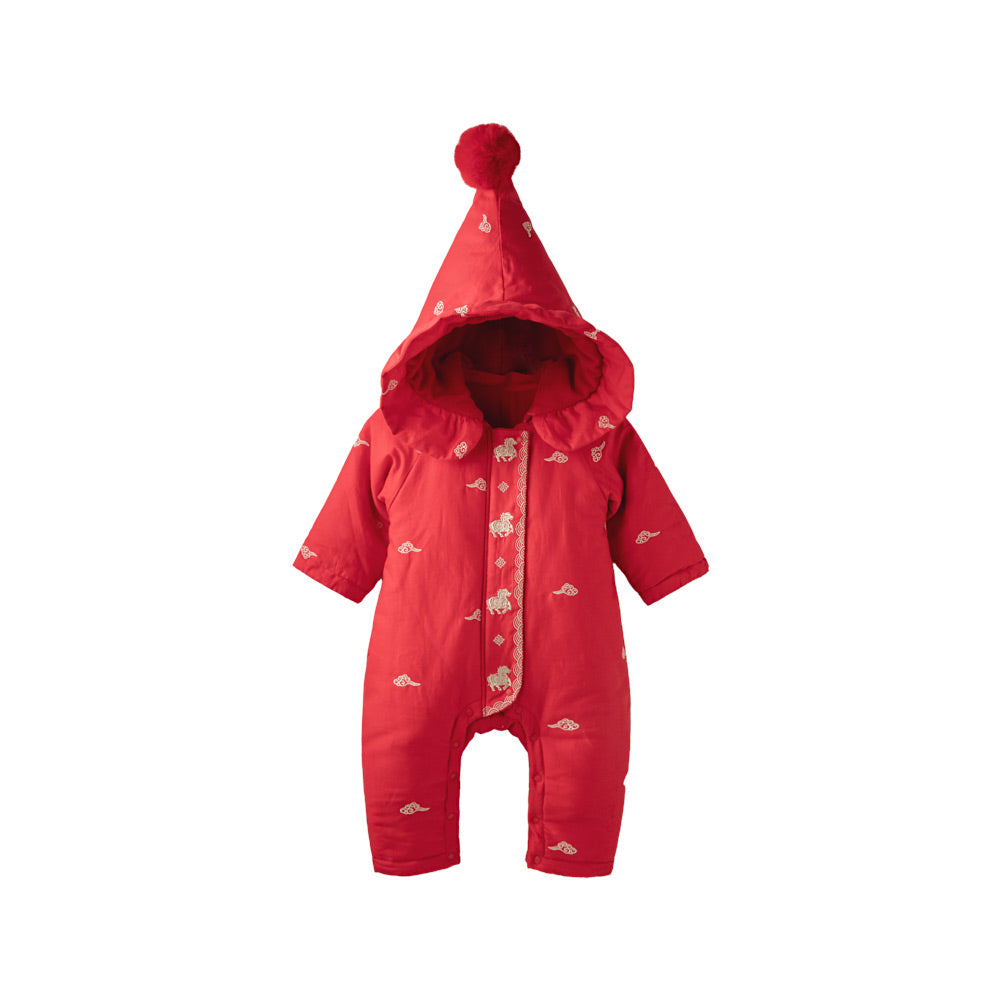 Soft Cotton Baby Romper in Festive Red | Cozy Fleece-Lined One-Piece for Cool Weather (0°C–15°C)