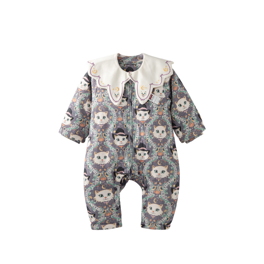 Cozy Cotton Baby Romper with Magical Cat Print | Soft Winter One-Piece for 0°C–15°C