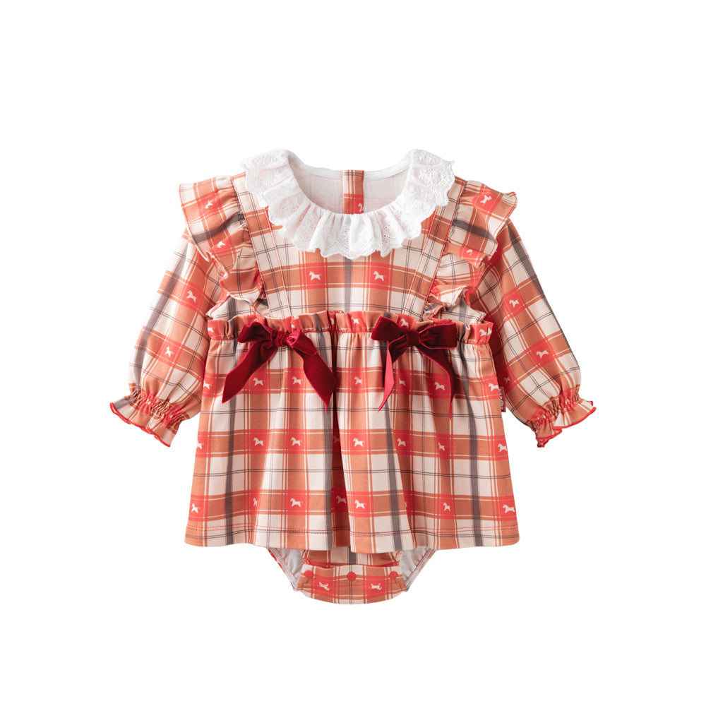 Organic Cotton Plaid Baby Romper Dress | Soft One-Piece with Lace Collar & Built-In Bodysuit